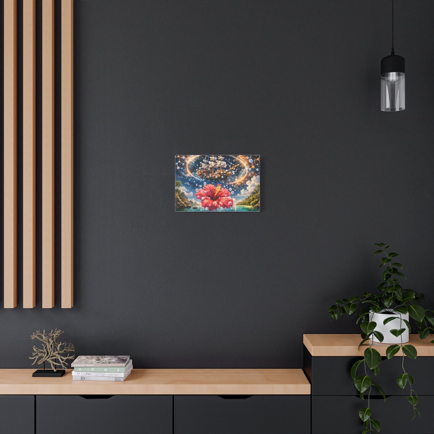 Tropical Fantasy Canvas Wall Art — Hibiscus & Celestial Ship Matte Stretched