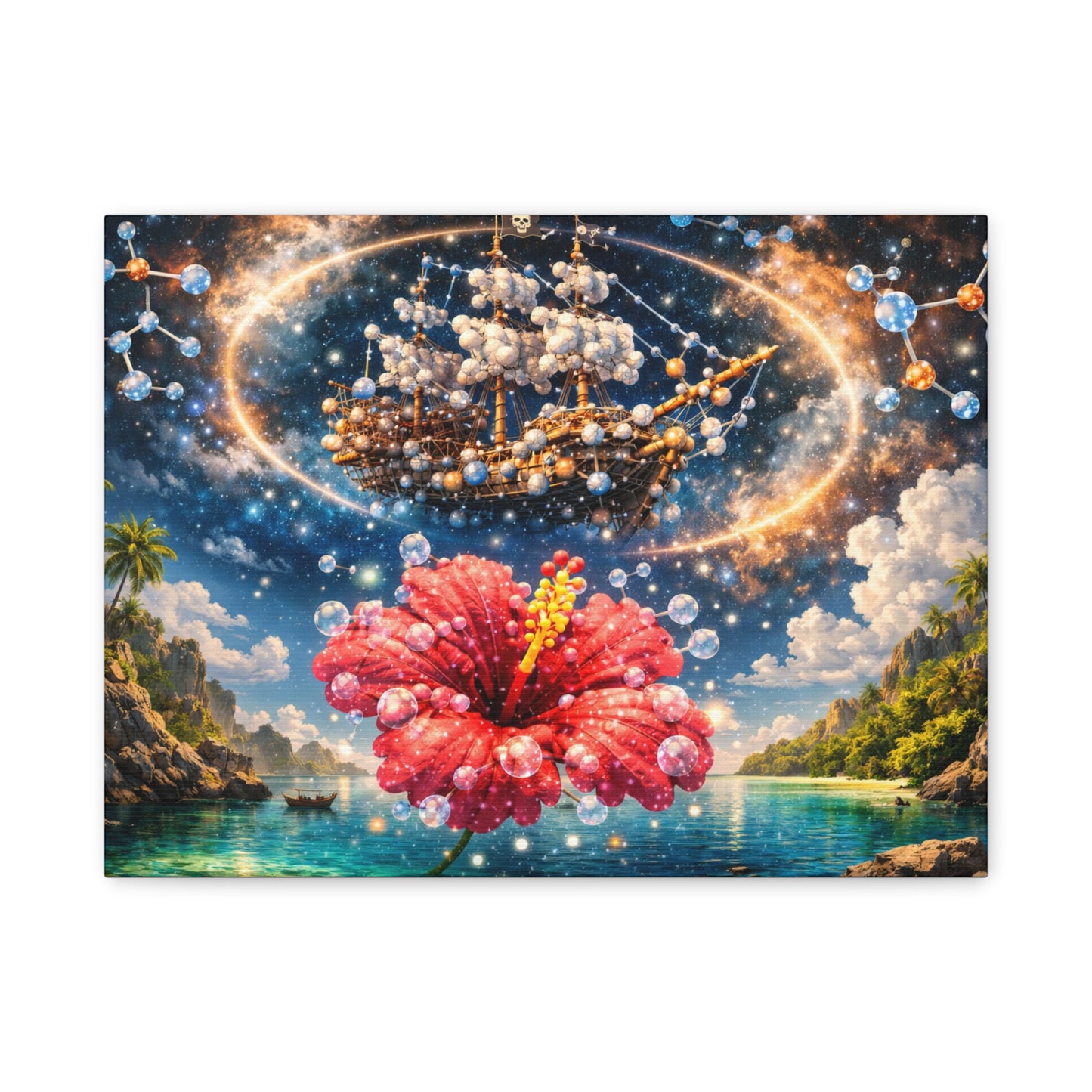 Tropical Fantasy Canvas Wall Art — Hibiscus & Celestial Ship Matte Stretched