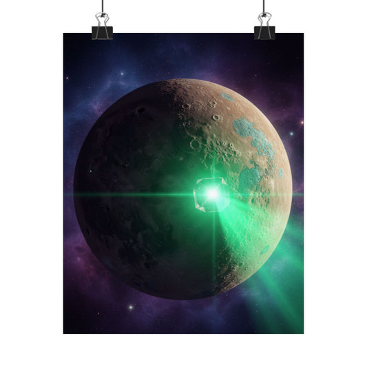 Planetary Sci‑Fi Poster — Green Laser Moon Matte Vertical Print