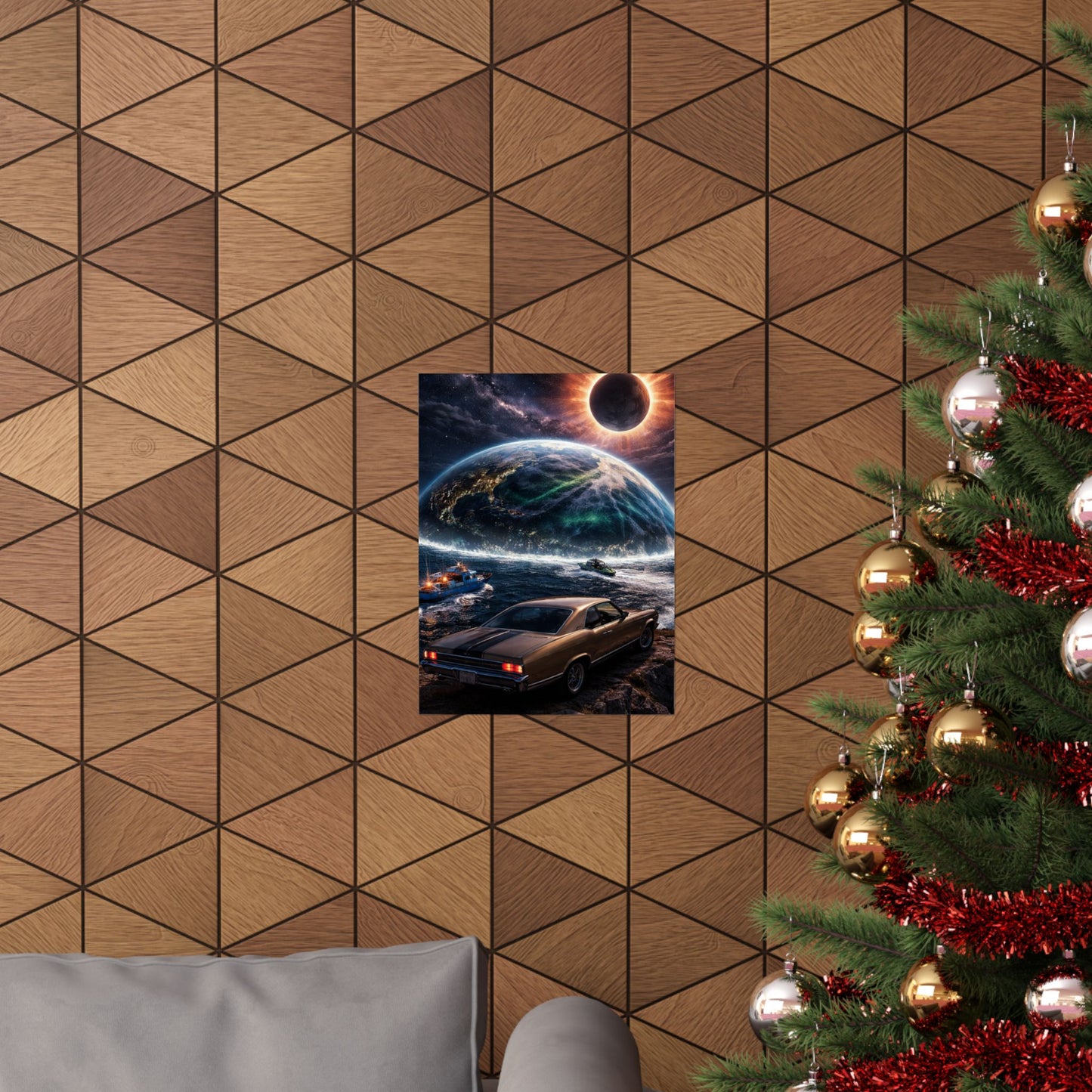 Vintage Muscle Car Sci‑Fi Poster — Eclipse Over Ocean Planet Matte Vertical Print