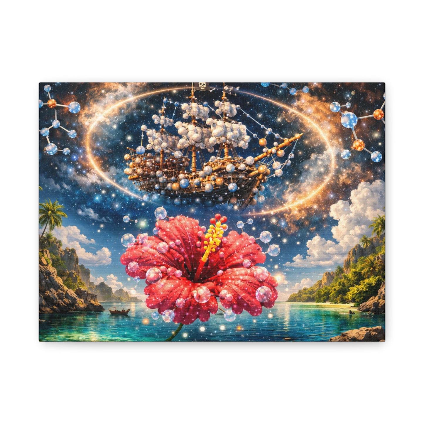 Tropical Fantasy Canvas Wall Art — Hibiscus & Celestial Ship Matte Stretched