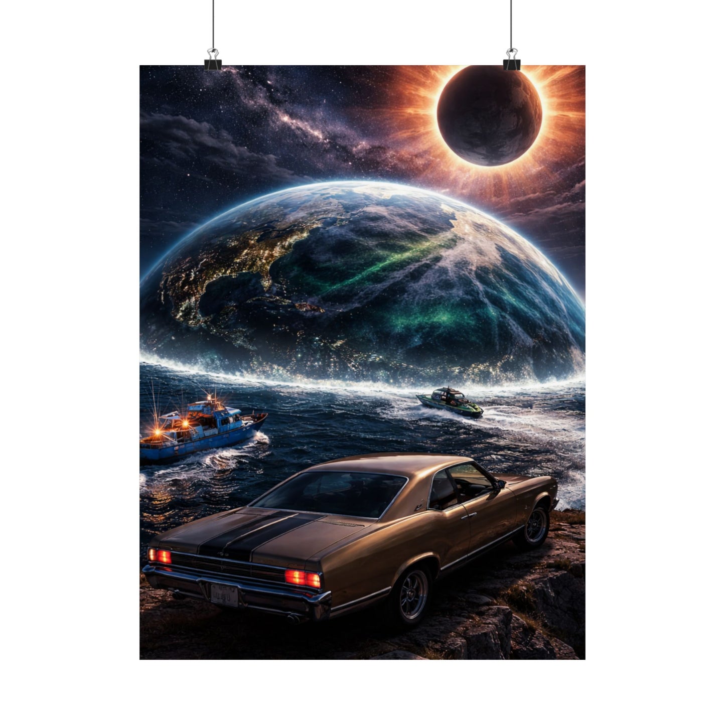 Vintage Muscle Car Sci‑Fi Poster — Eclipse Over Ocean Planet Matte Vertical Print