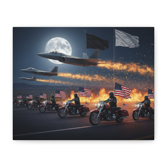 Patriotic Biker & Fighter Jet Canvas Print — American Flag Night Ride Wall Art