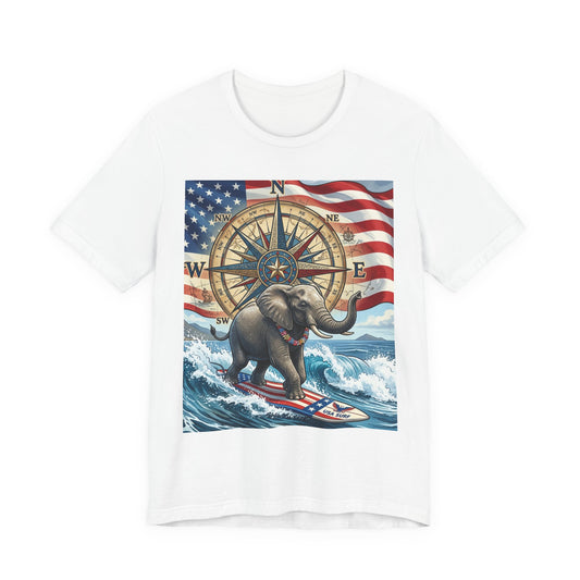 Patriotic Surfing Elephant Tee — American Flag & Compass Graphic T-Shirt