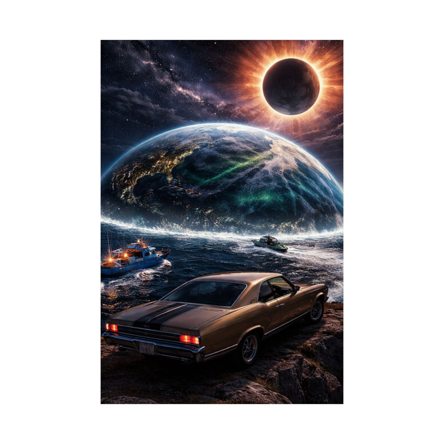 Vintage Muscle Car Sci‑Fi Poster — Eclipse Over Ocean Planet Matte Vertical Print