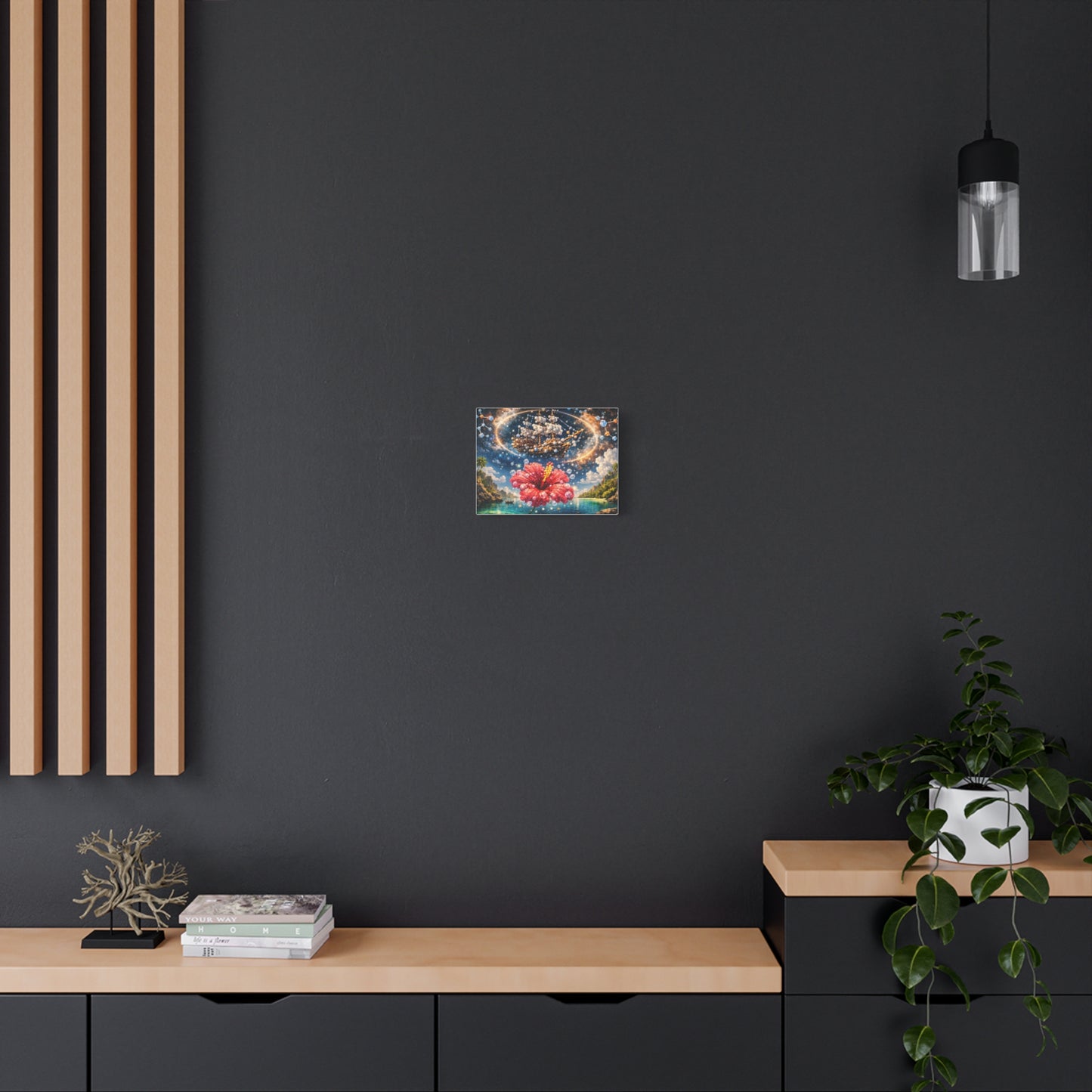 Tropical Fantasy Canvas Wall Art — Hibiscus & Celestial Ship Matte Stretched