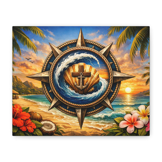 Nautical Compass Beach Canvas Print — Tropical Sunset Anchor Wall Art