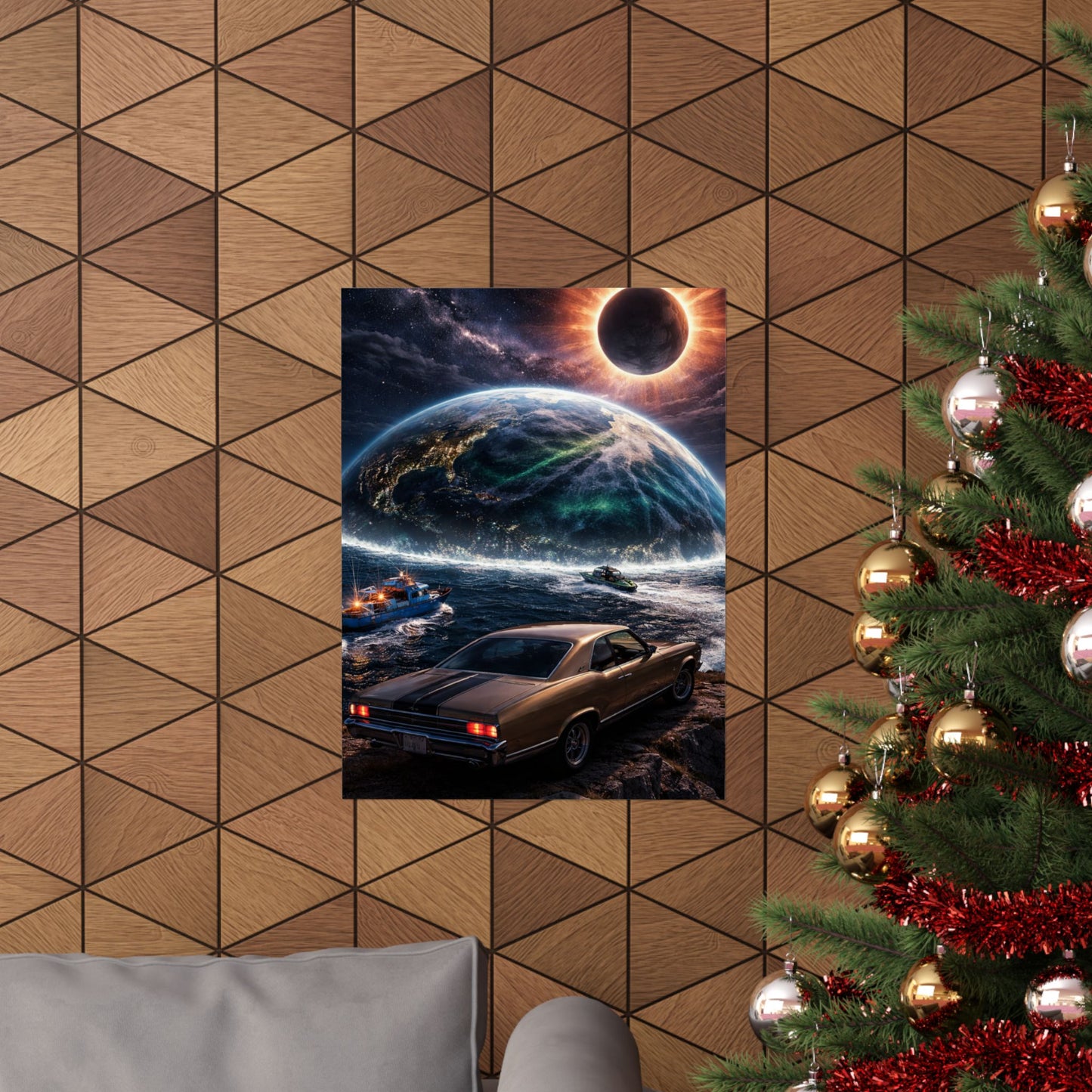 Vintage Muscle Car Sci‑Fi Poster — Eclipse Over Ocean Planet Matte Vertical Print