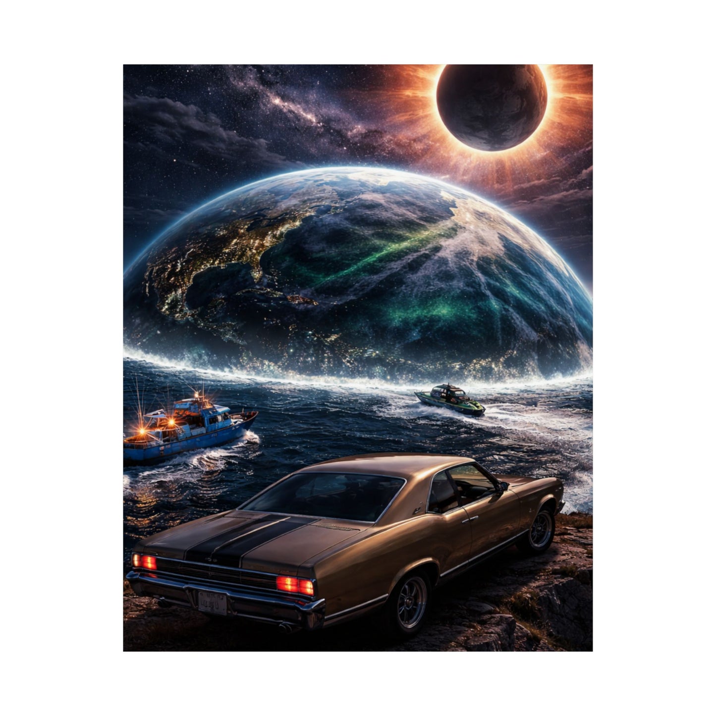 Vintage Muscle Car Sci‑Fi Poster — Eclipse Over Ocean Planet Matte Vertical Print