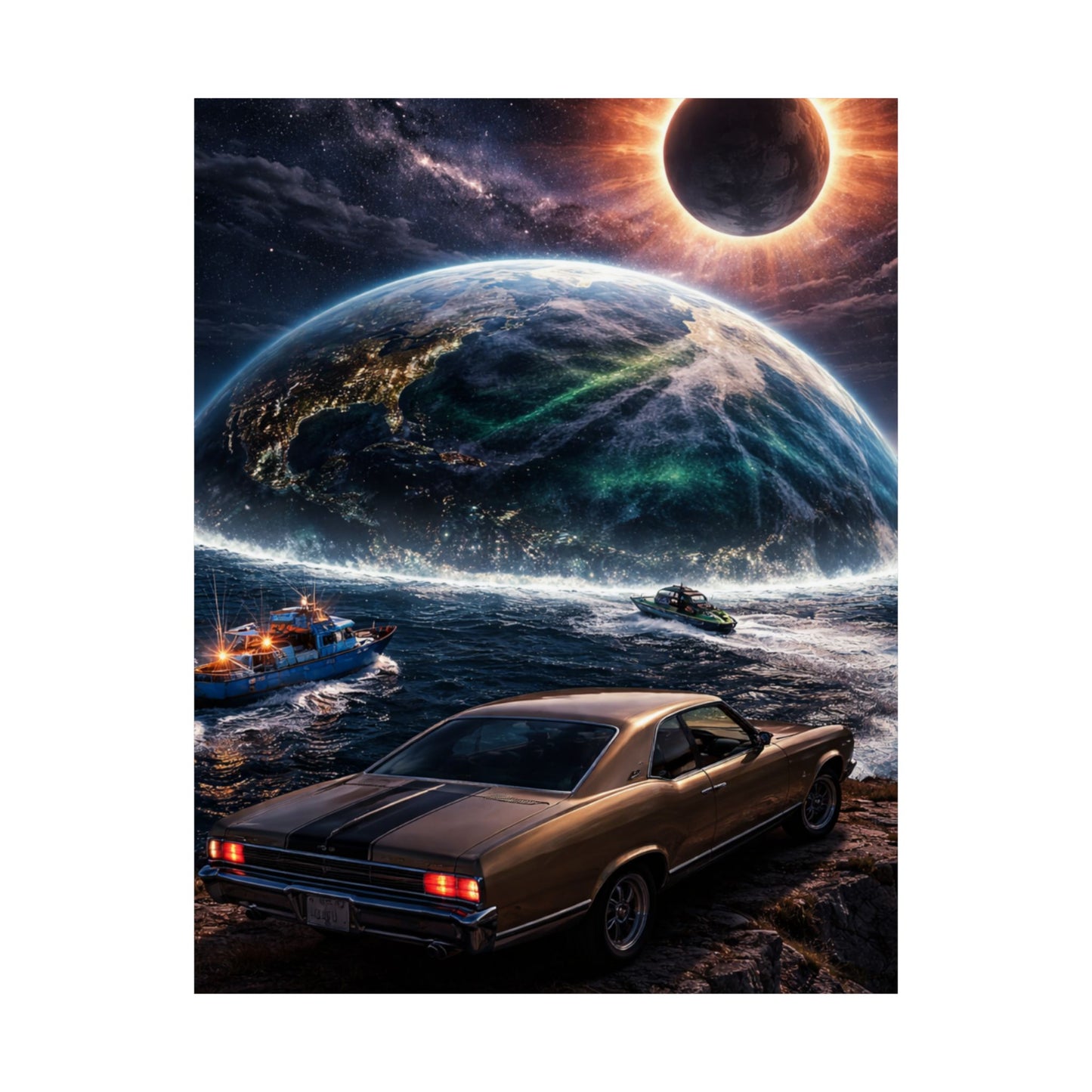 Vintage Muscle Car Sci‑Fi Poster — Eclipse Over Ocean Planet Matte Vertical Print