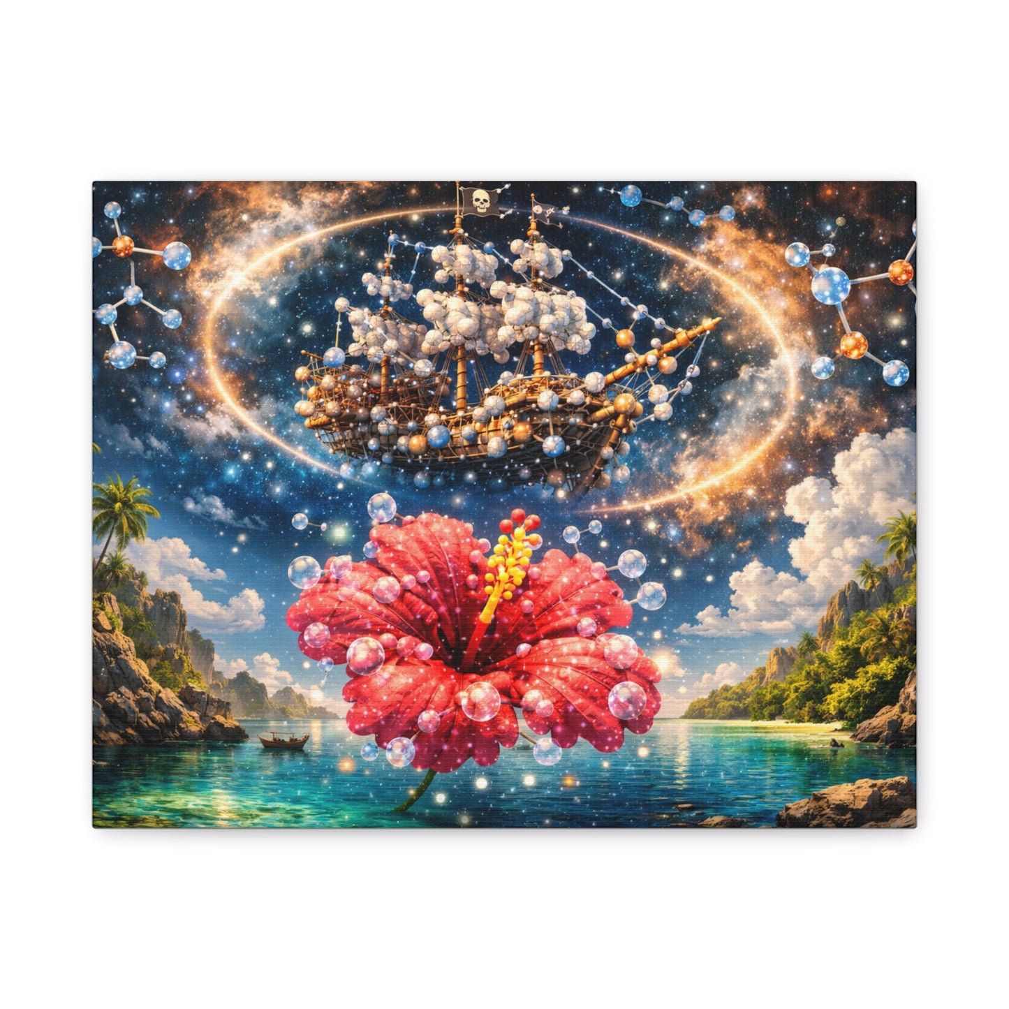 Tropical Fantasy Canvas Wall Art — Hibiscus & Celestial Ship Matte Stretched