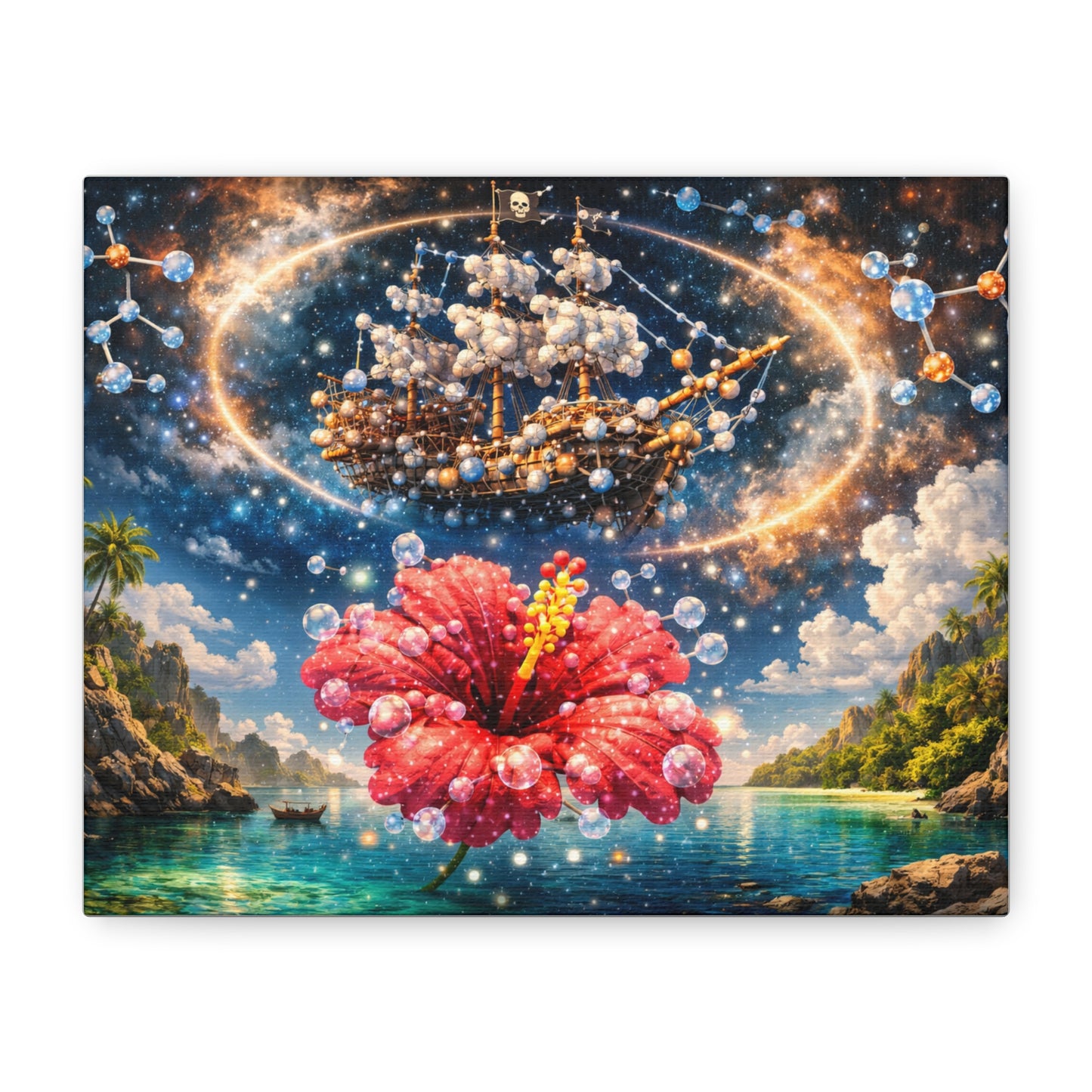 Tropical Fantasy Canvas Wall Art — Hibiscus & Celestial Ship Matte Stretched