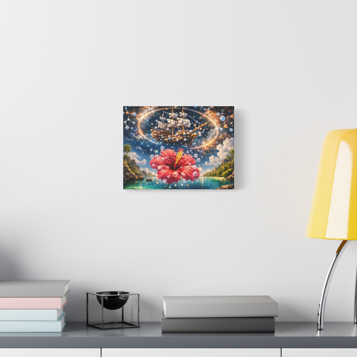 Tropical Fantasy Canvas Wall Art — Hibiscus & Celestial Ship Matte Stretched