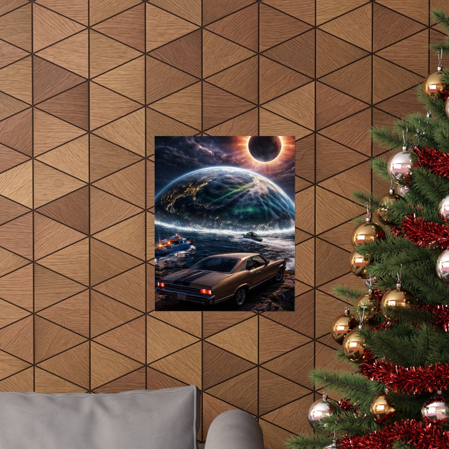 Vintage Muscle Car Sci‑Fi Poster — Eclipse Over Ocean Planet Matte Vertical Print