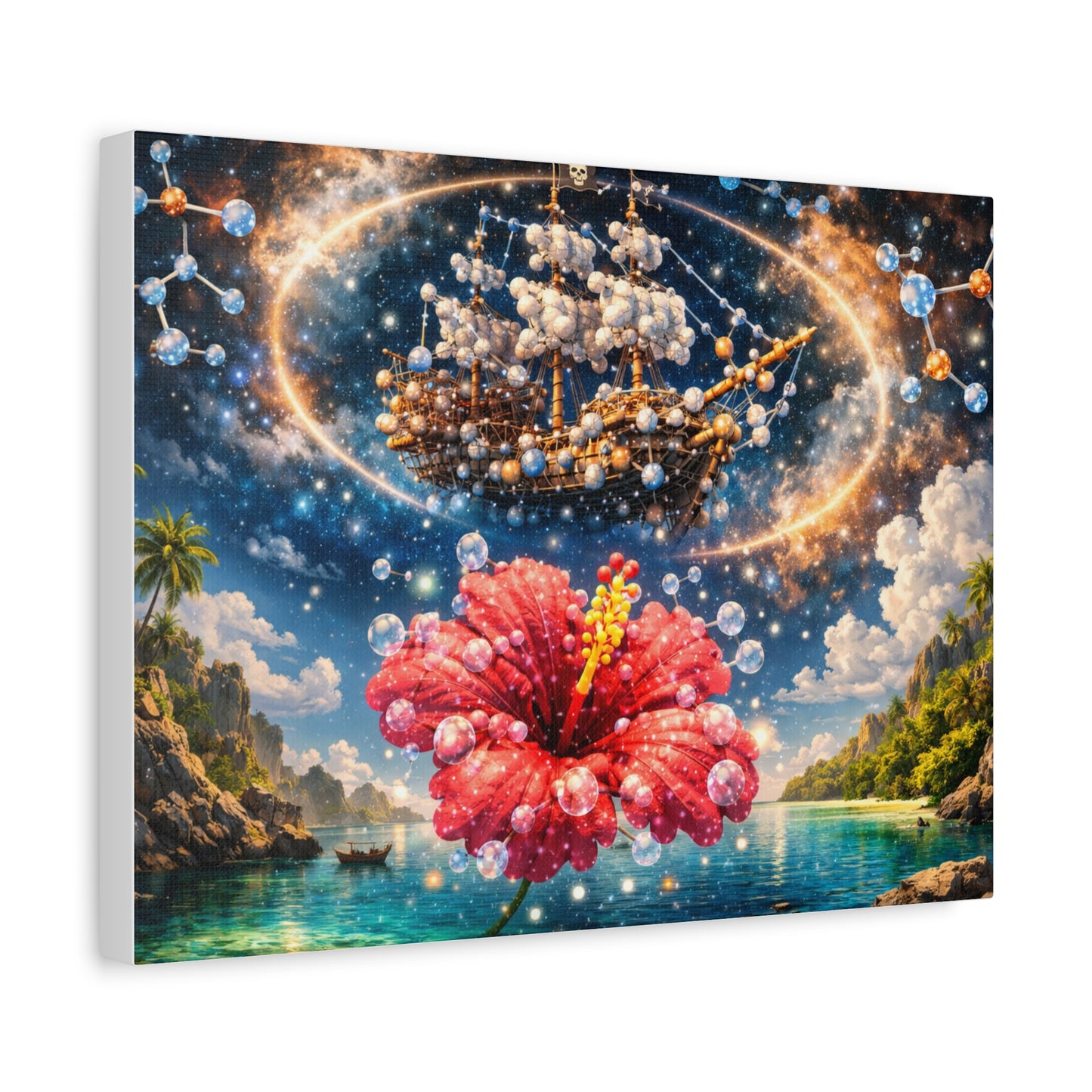 Tropical Fantasy Canvas Wall Art — Hibiscus & Celestial Ship Matte Stretched