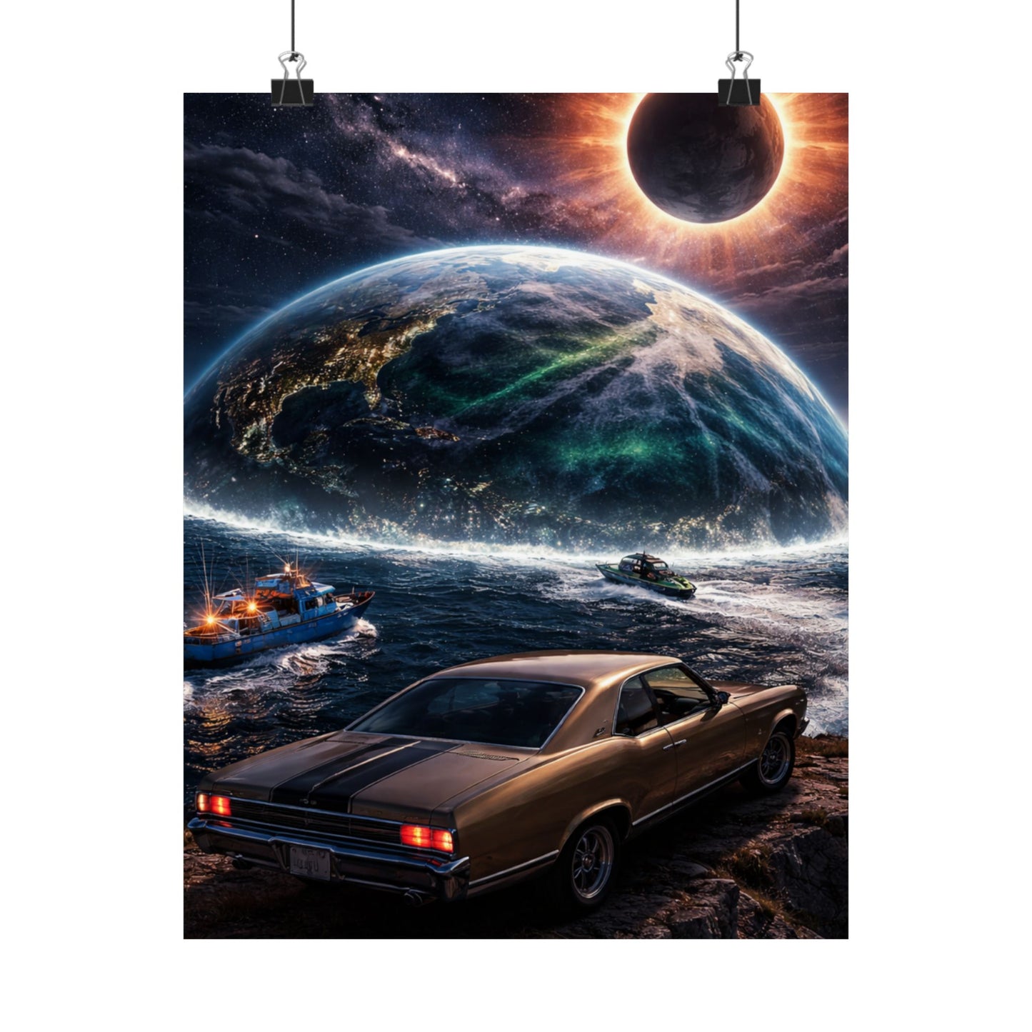 Vintage Muscle Car Sci‑Fi Poster — Eclipse Over Ocean Planet Matte Vertical Print