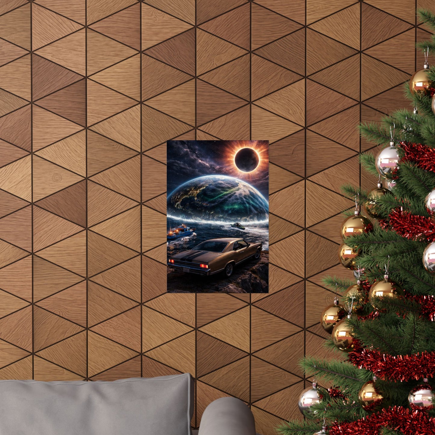 Vintage Muscle Car Sci‑Fi Poster — Eclipse Over Ocean Planet Matte Vertical Print