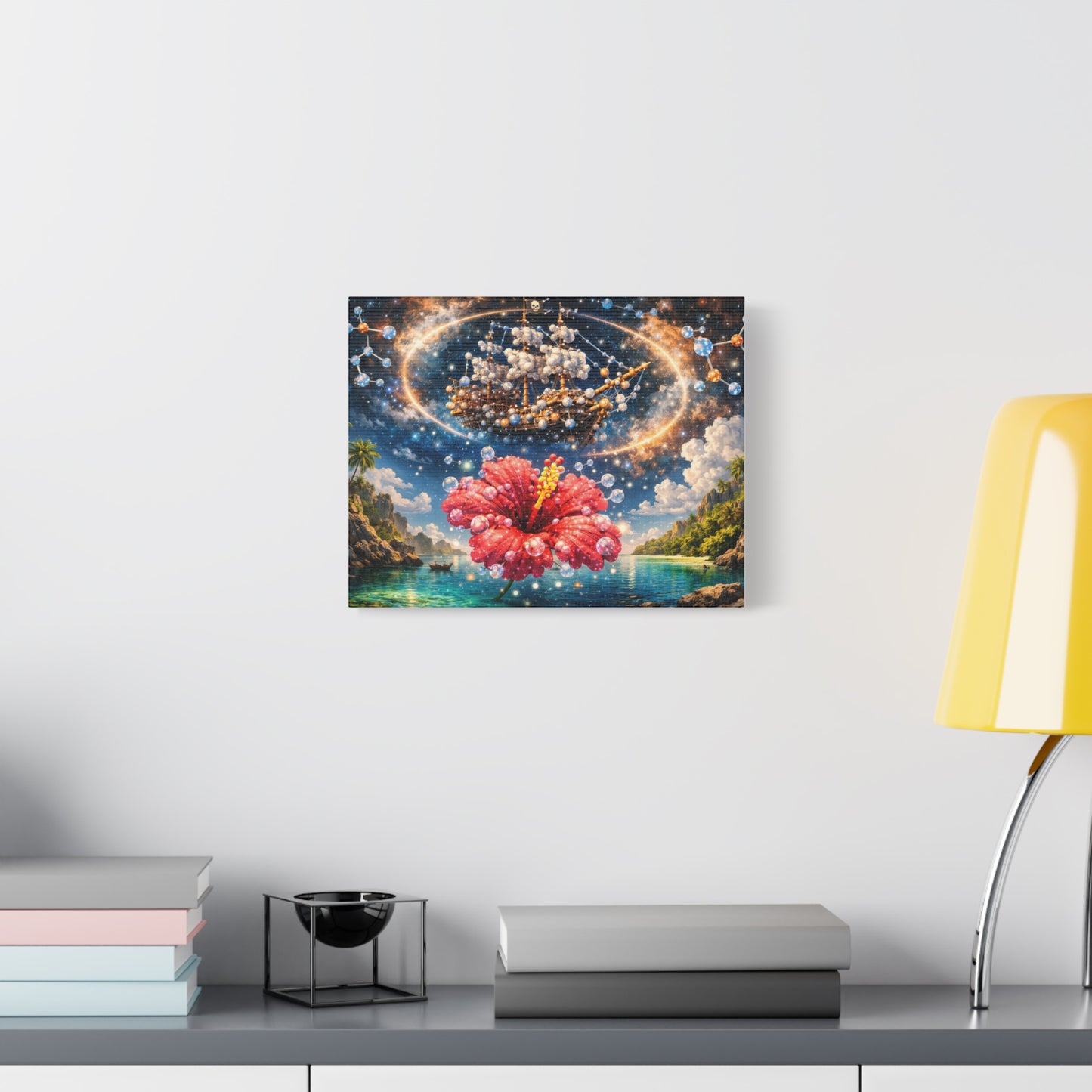 Tropical Fantasy Canvas Wall Art — Hibiscus & Celestial Ship Matte Stretched