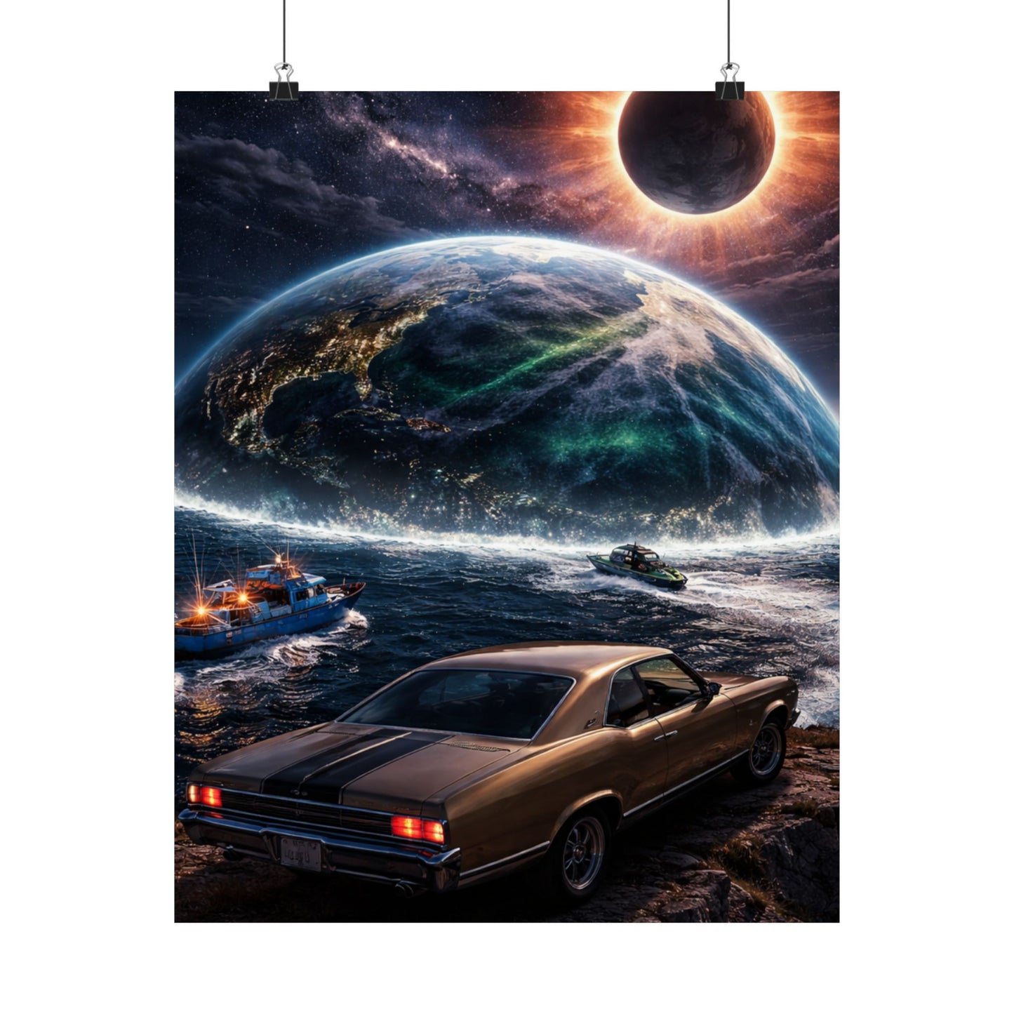 Vintage Muscle Car Sci‑Fi Poster — Eclipse Over Ocean Planet Matte Vertical Print