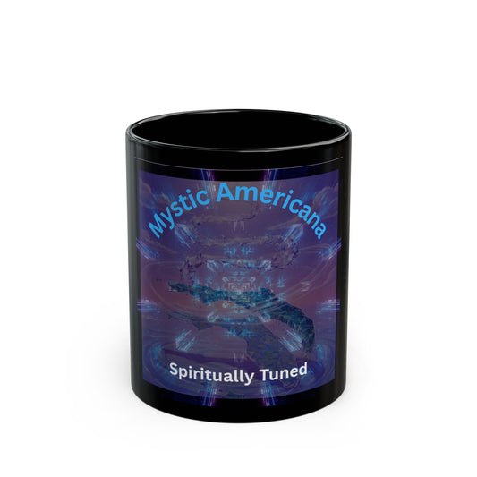 Mystic Americana Black Mug – "Spiritually Tuned" Coffee Cup