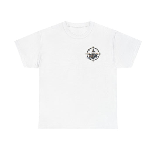 Nautical Sunset Compass Tee — Vintage Sailboat Chest Logo T‑Shirt