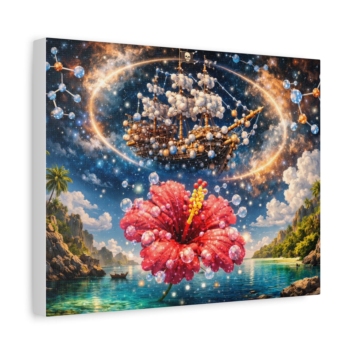 Tropical Fantasy Canvas Wall Art — Hibiscus & Celestial Ship Matte Stretched