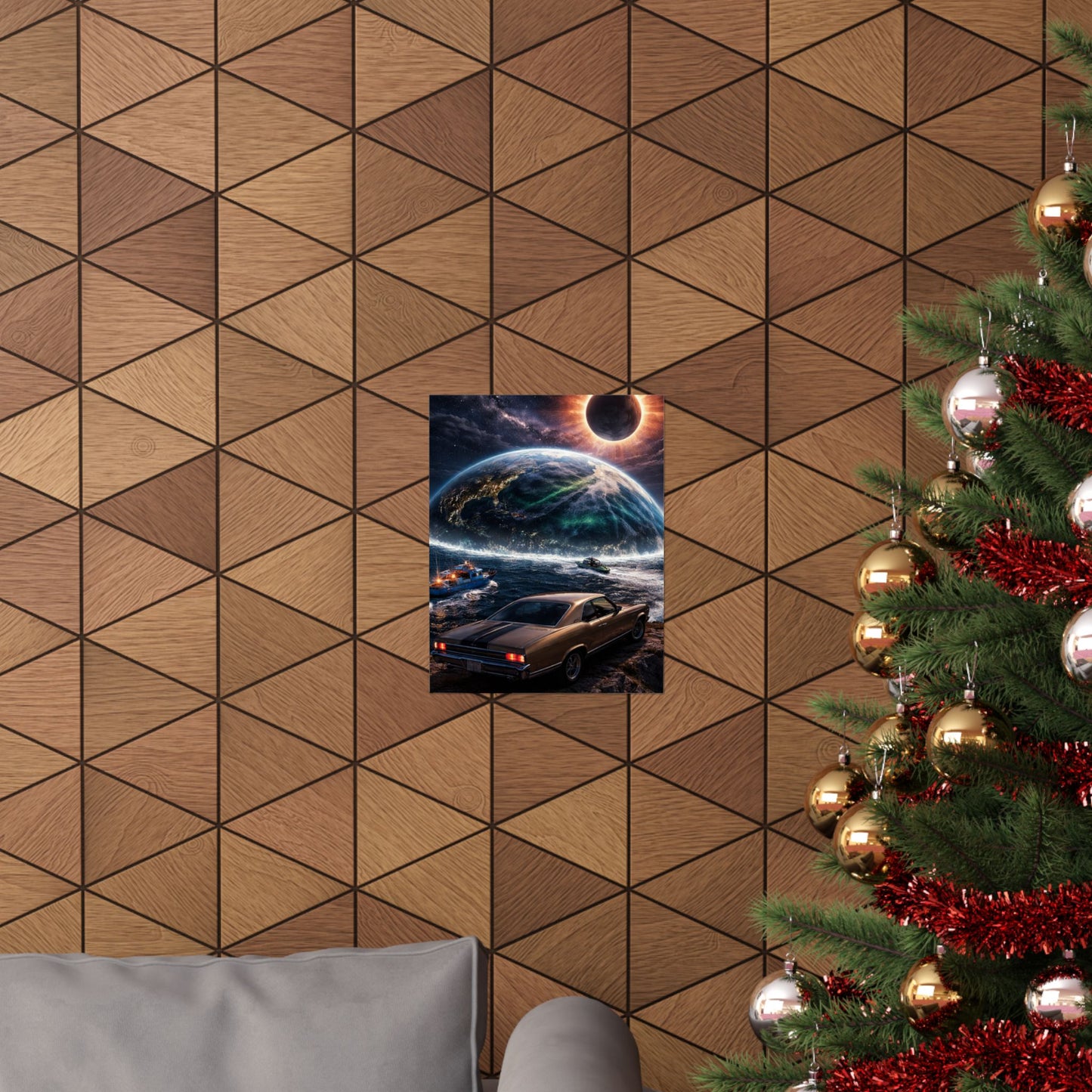 Vintage Muscle Car Sci‑Fi Poster — Eclipse Over Ocean Planet Matte Vertical Print