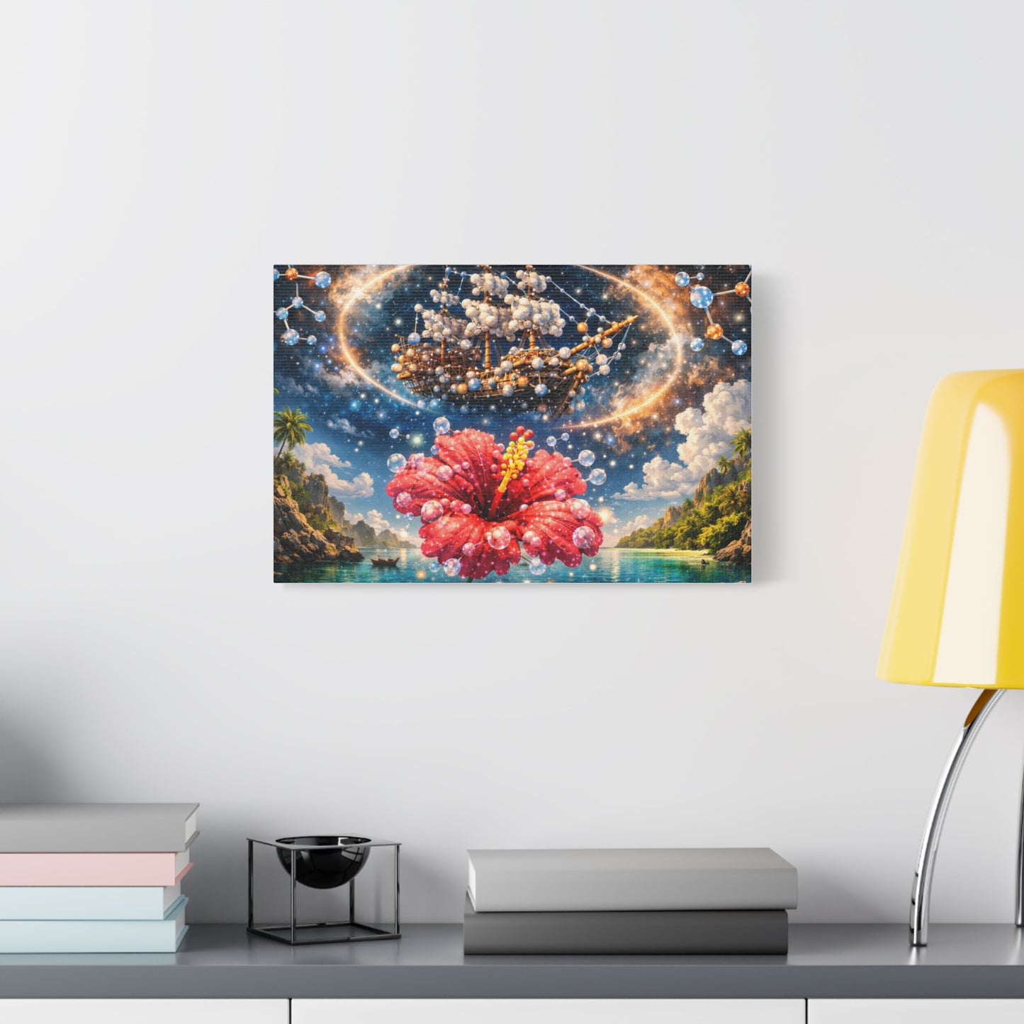 Tropical Fantasy Canvas Wall Art — Hibiscus & Celestial Ship Matte Stretched