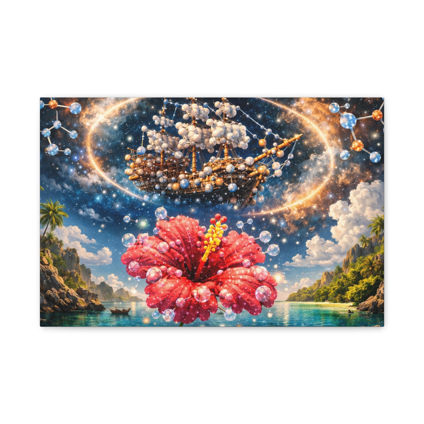 Tropical Fantasy Canvas Wall Art — Hibiscus & Celestial Ship Matte Stretched