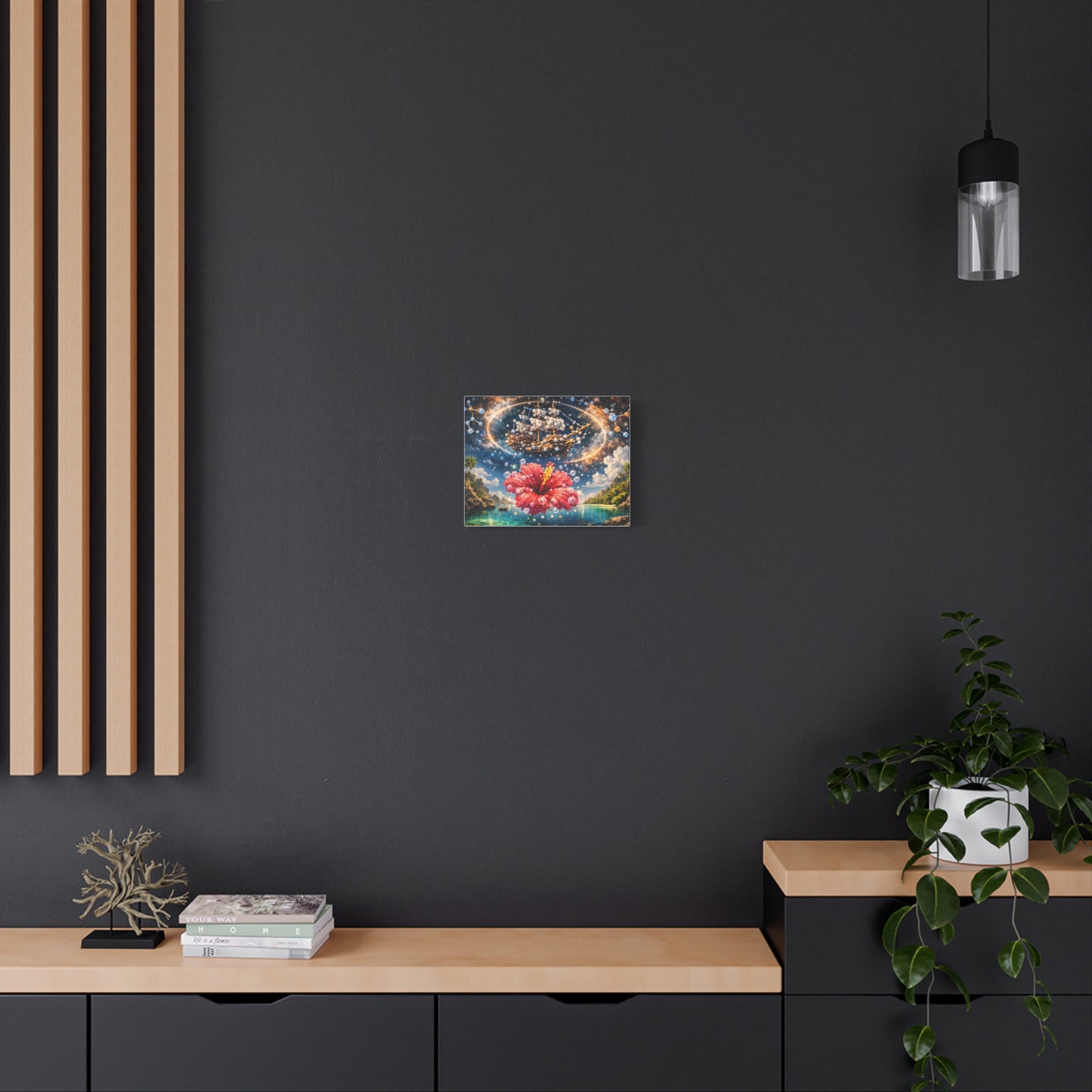 Tropical Fantasy Canvas Wall Art — Hibiscus & Celestial Ship Matte Stretched