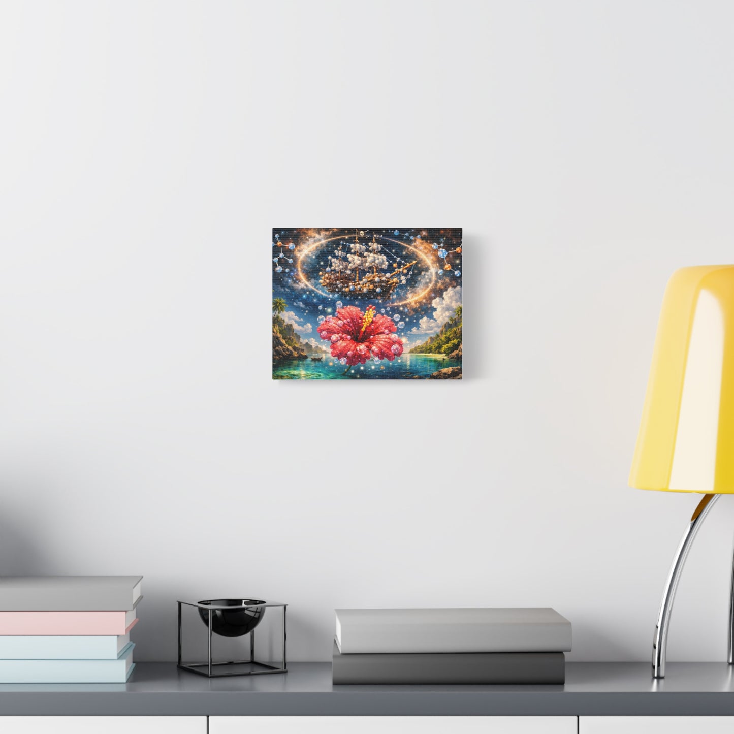 Tropical Fantasy Canvas Wall Art — Hibiscus & Celestial Ship Matte Stretched