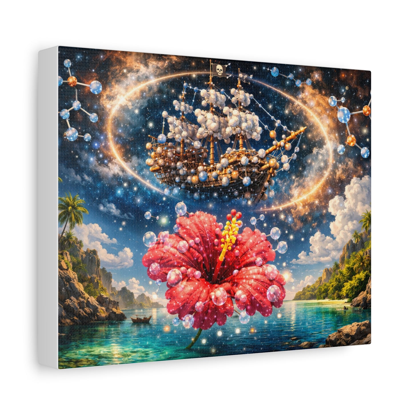Tropical Fantasy Canvas Wall Art — Hibiscus & Celestial Ship Matte Stretched