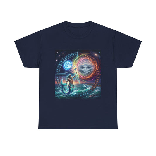 Mystic Sea Android Tee — Surfer Facing Cosmic Skull Design