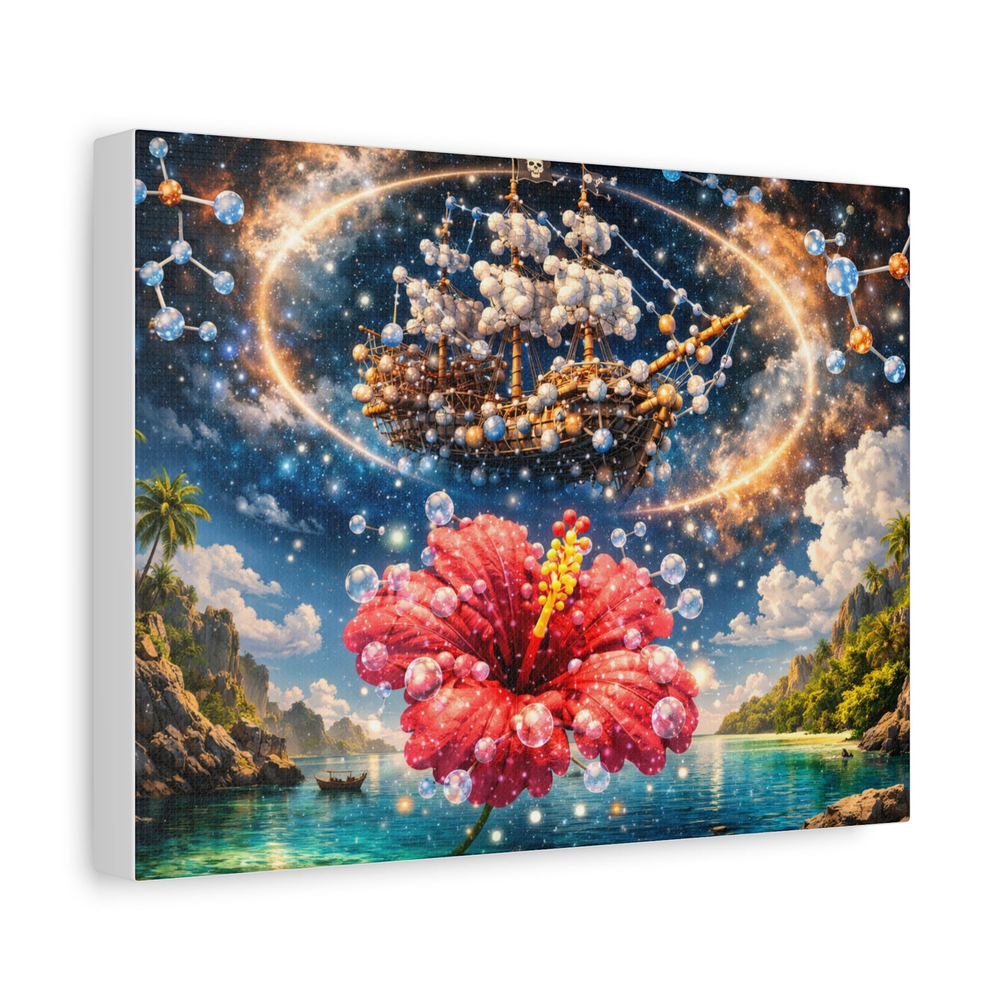 Tropical Fantasy Canvas Wall Art — Hibiscus & Celestial Ship Matte Stretched