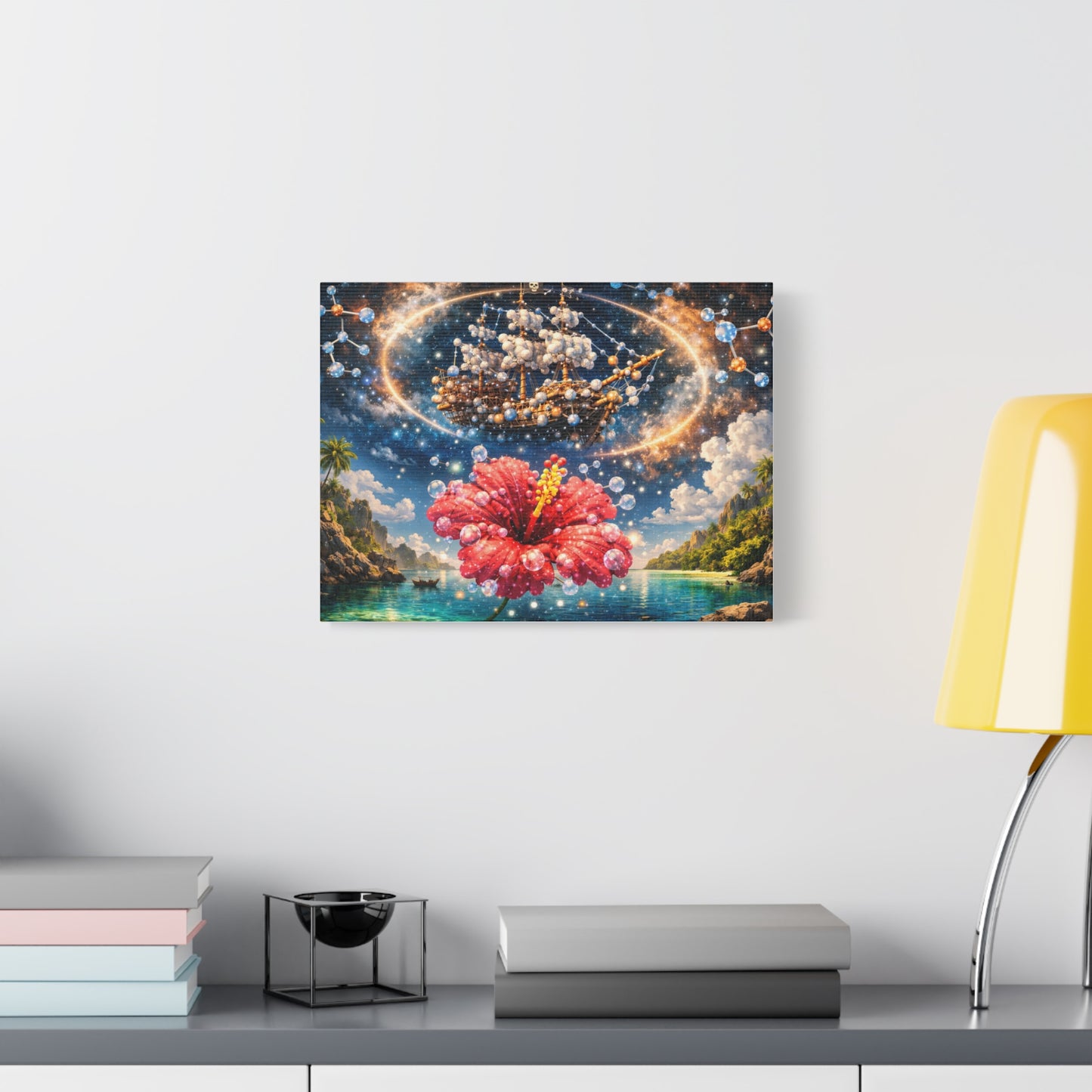 Tropical Fantasy Canvas Wall Art — Hibiscus & Celestial Ship Matte Stretched
