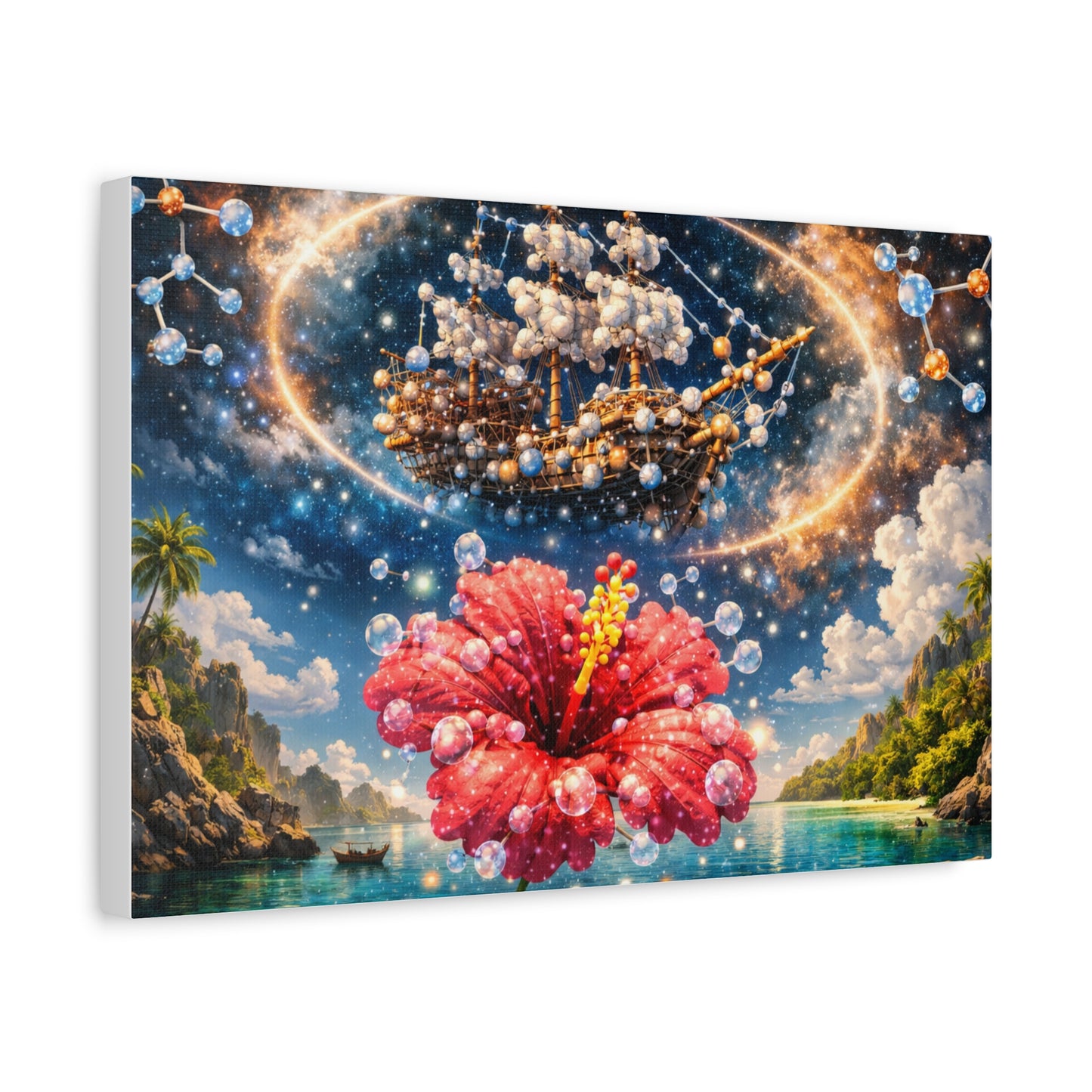 Tropical Fantasy Canvas Wall Art — Hibiscus & Celestial Ship Matte Stretched
