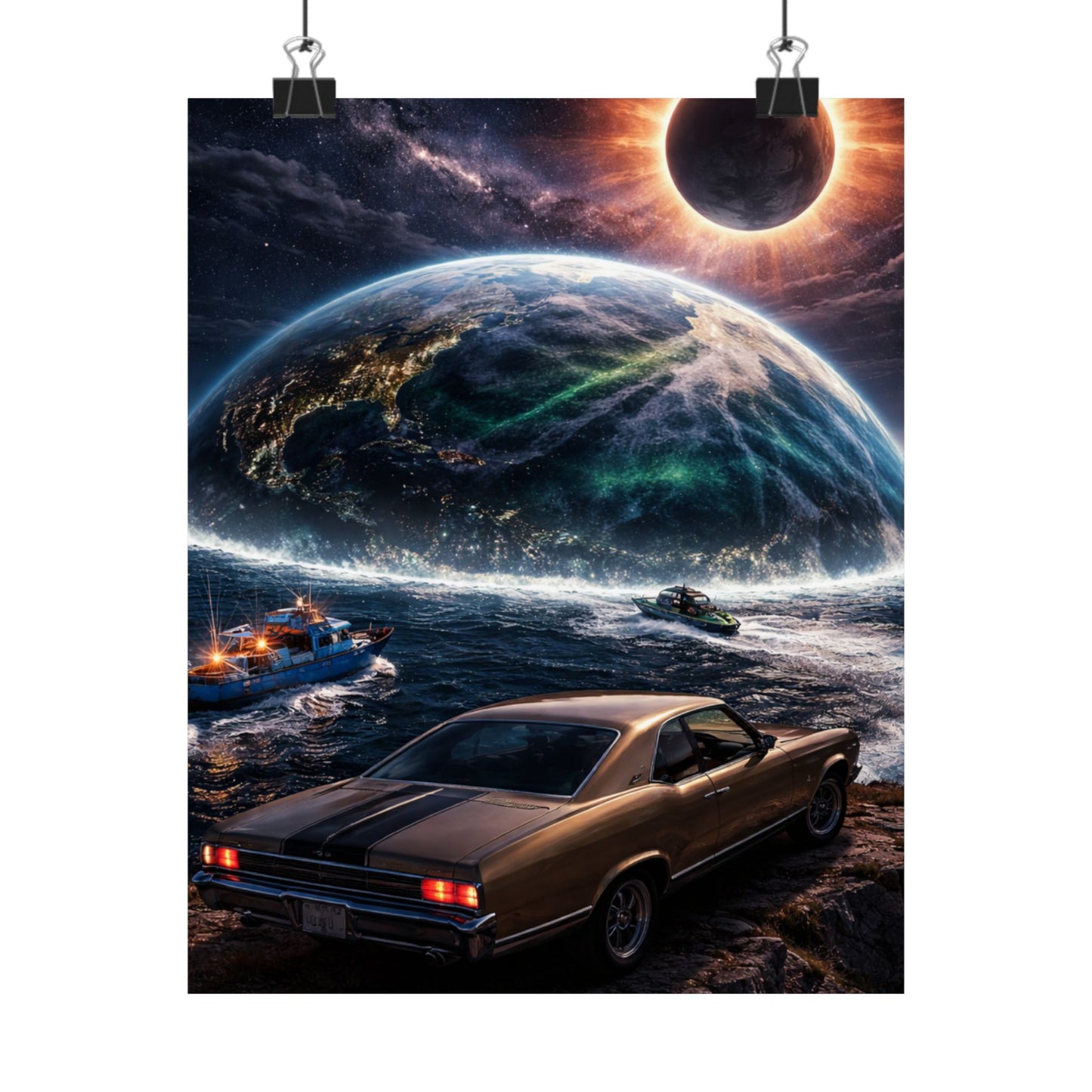 Vintage Muscle Car Sci‑Fi Poster — Eclipse Over Ocean Planet Matte Vertical Print